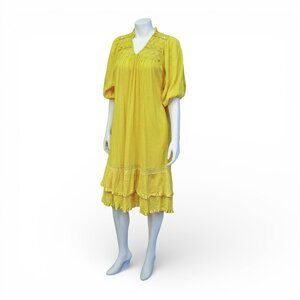 Vintage 1970s Golden Yellow Boho Cotton Gauze Dress w/ Crochet Tatting * Medium